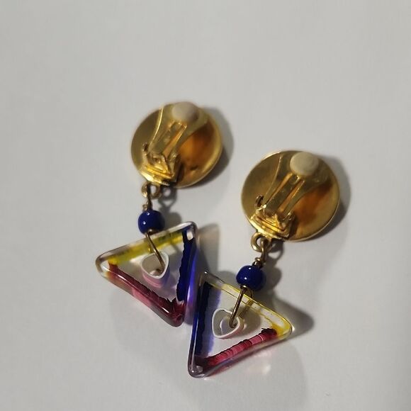 Matte Gold Clip On Earrings with Multicolor Glass Accent Drop - Picture 2 of 6